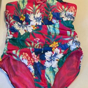 Cacique Lane Bryant One Piece Wireless Swimsuit Vibrant Floral Pink EUC sz 16W